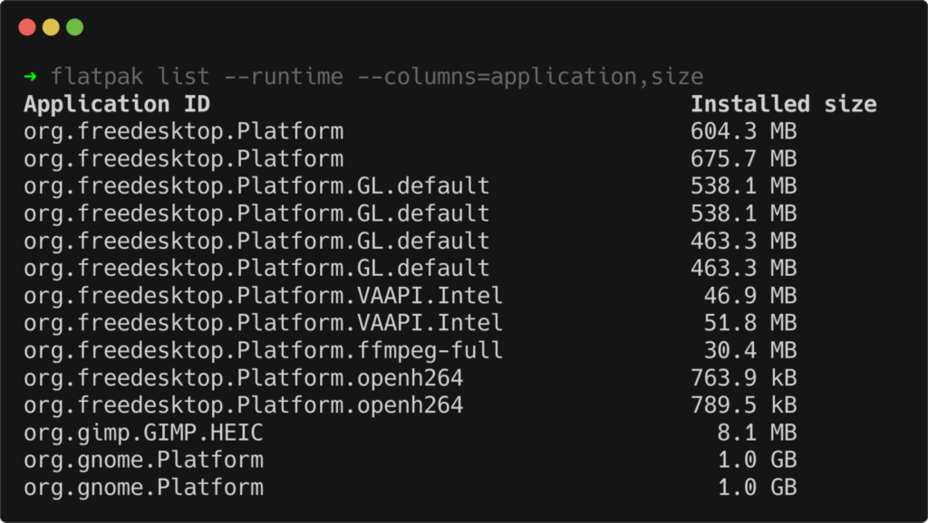 Список установленных сред выполнения Flatpak по размеру Как удалить неиспользуемые приложения Flatpak, чтобы освободить место на диске В Linux