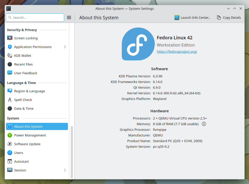Проверьте версию KDE Plasma в настройках системы в Fedora 42