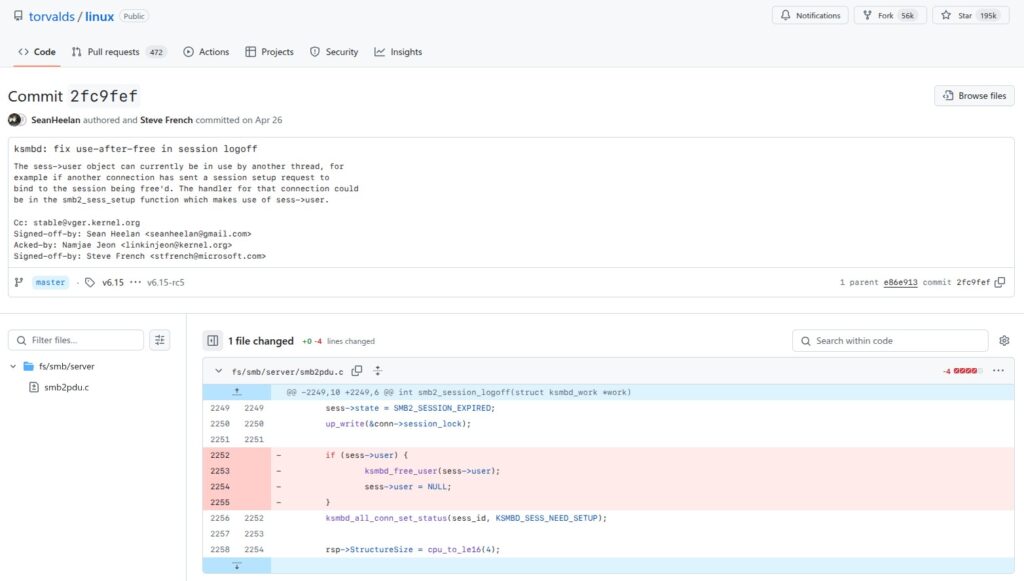 Удаленный уязвимый код SMB в ядре Linux уже исправлен.