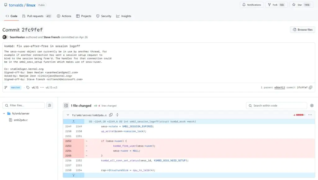 Удаленный уязвимый код SMB в ядре Linux уже исправлен.