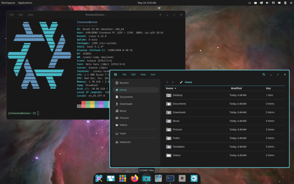 NixOS 25.05 поставляется с ядром 6.12 и поддержкой COSMIC DE