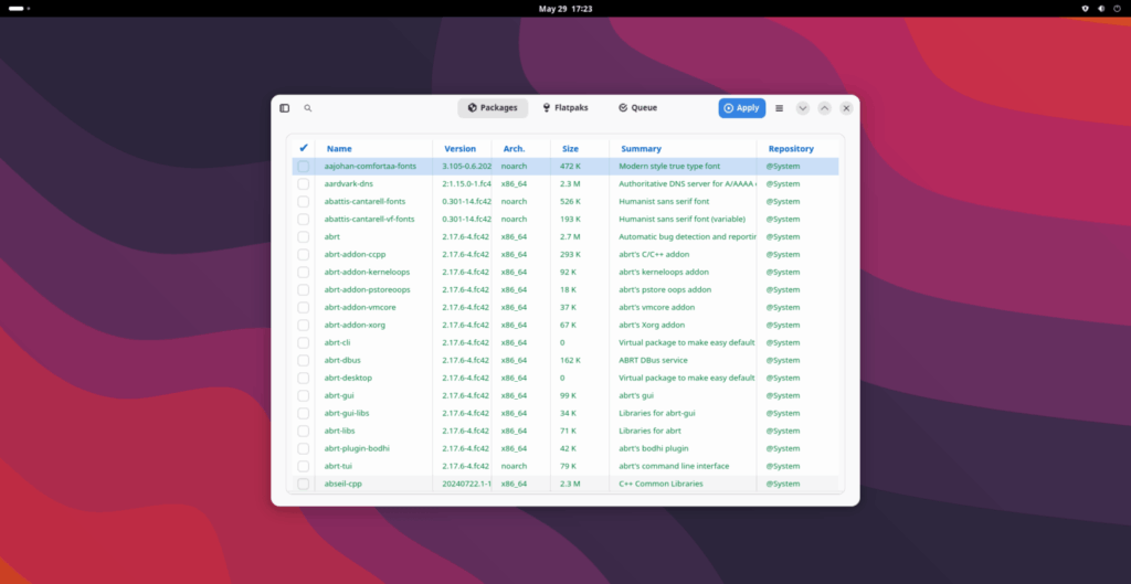 Интерфейс Yum Extender NG по умолчанию в Fedora 42 Linux