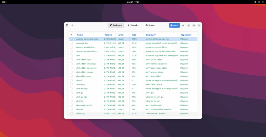 Интерфейс Yum Extender NG по умолчанию в Fedora 42 Linux