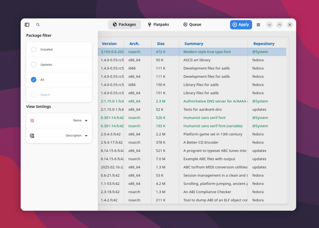 Показать все пакеты в Yumex-ng