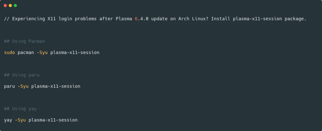 Как исправить проблему с входом в Plasma 6.4 X11 в Arch Linux