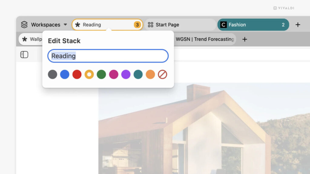 Цветные стеки вкладок в браузере Vivaldi 7.5.