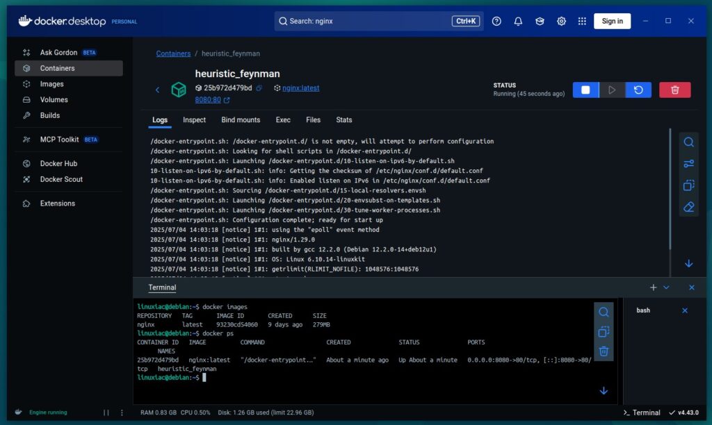 Рабочий стол Docker 4.43