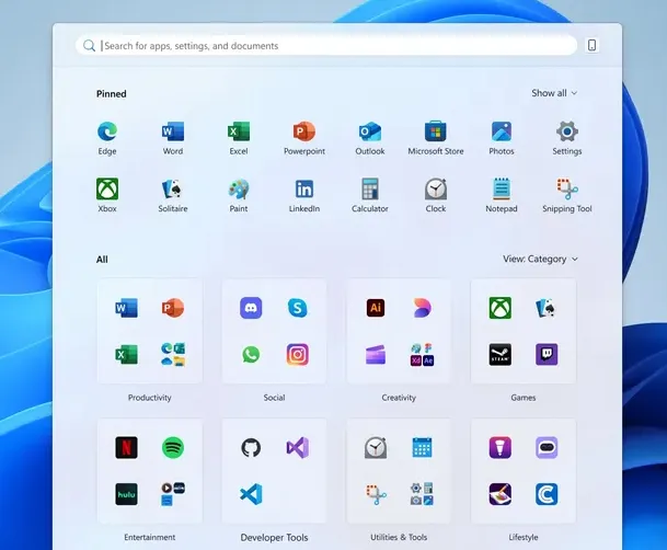 Скриншот нового меню «Пуск» в Windows 11 с группами и множеством других нововведений, которые появятся в Windows 11 24H2 и 25H2. / Фото: Microsoft