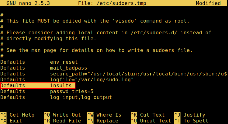 Установите параметр sudo Insults