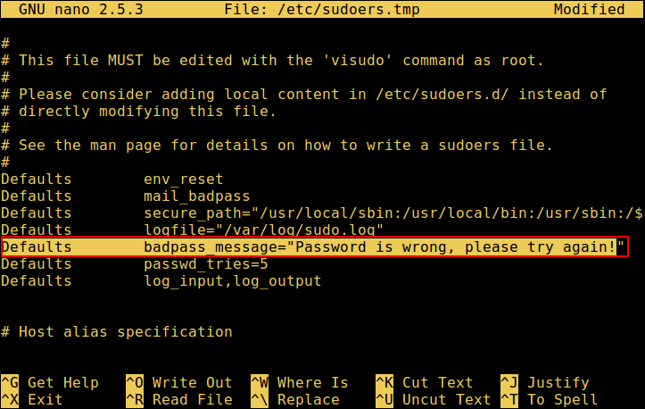 Установить сообщение sudo badpassword