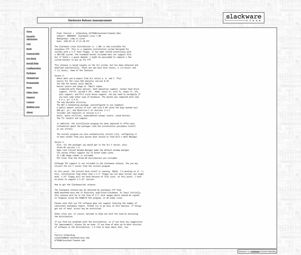 Официальное объявление о выпуске Slackware Linux 1.00
