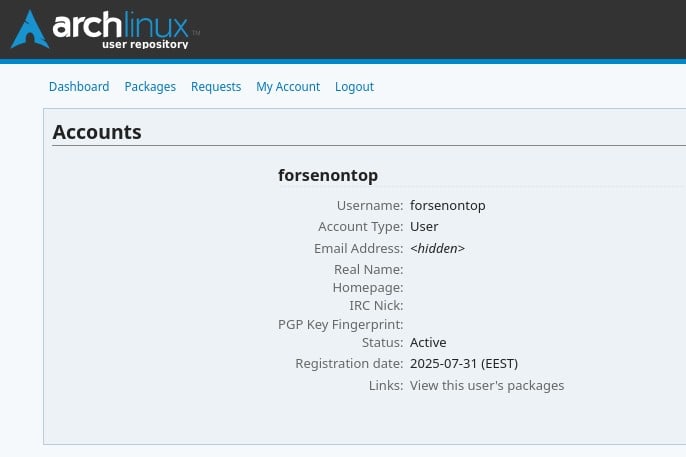 Учетная запись пользователя, загрузившего вредоносное ПО в AUR.