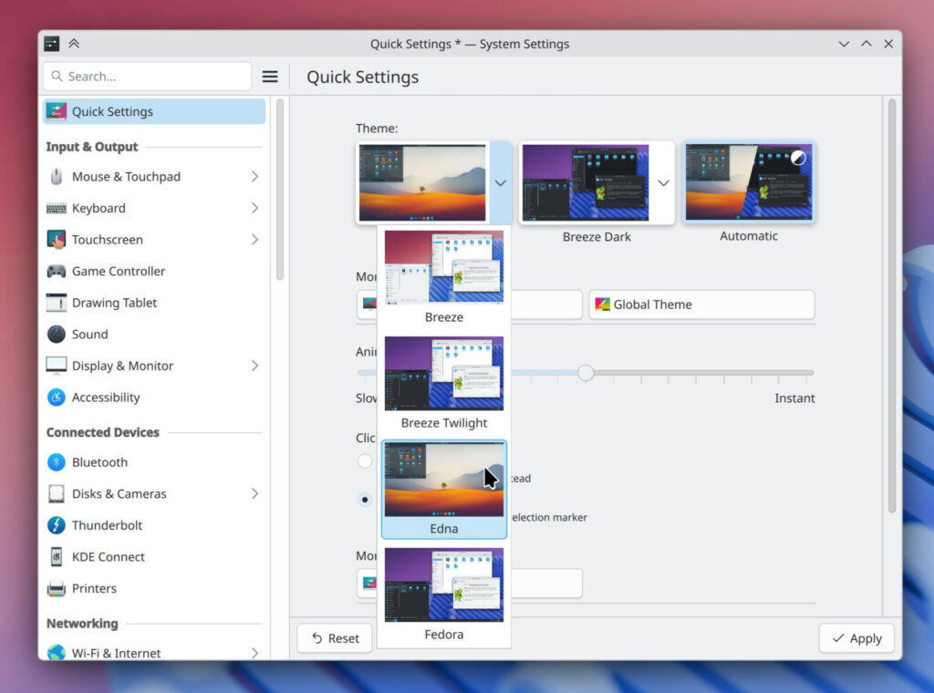 Глобальные темы отображаются на странице быстрых настроек системных параметров KDE.
