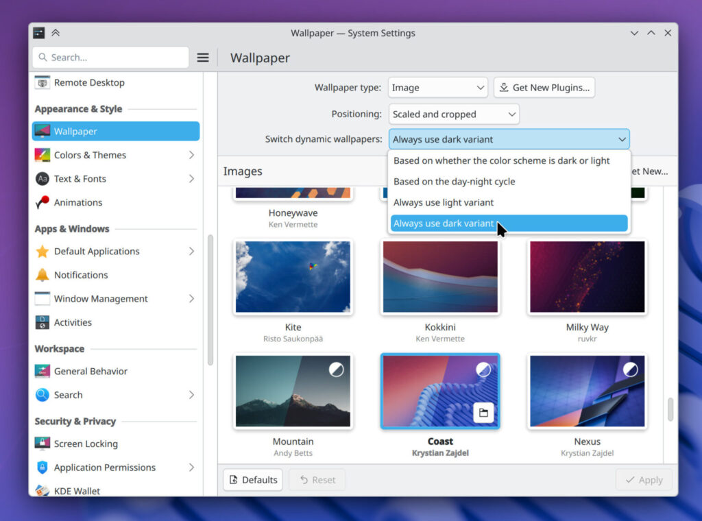 Выберите «Всегда», чтобы видеть только светлые или только темные варианты обоев.