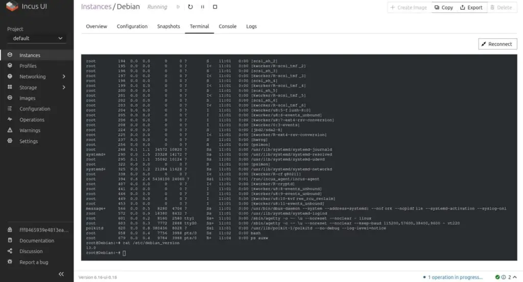 Веб-интерфейс управления Incus 6.16