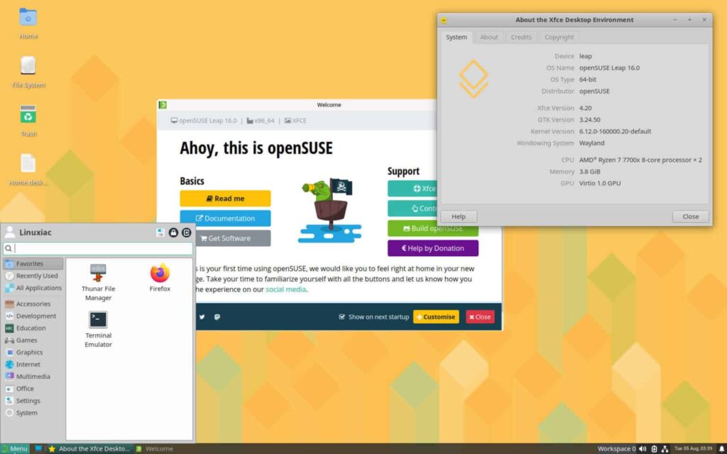 Сеанс Xfce Wayland на openSUSE Leap 16.0.