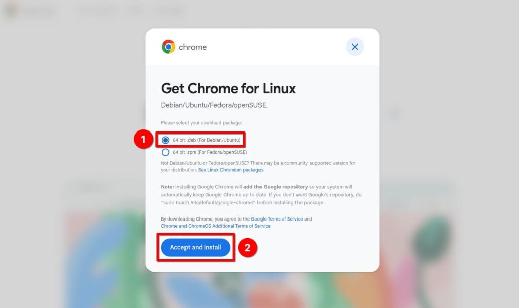 Загрузите установочный пакет Google Chrome Linux для Debian.