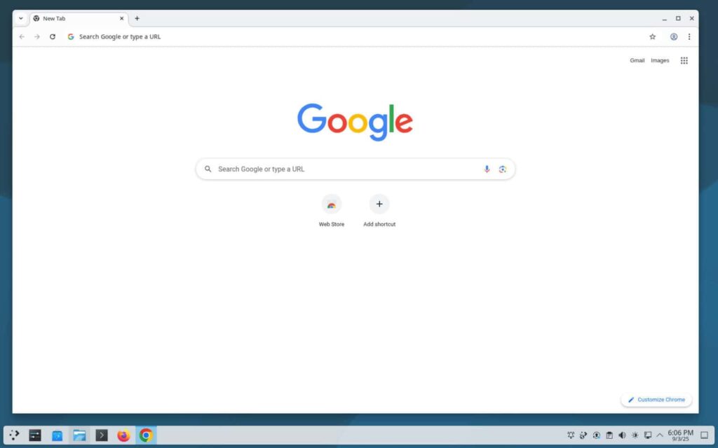 Браузер Google Chrome, работающий на Debian 13 «Trixie».