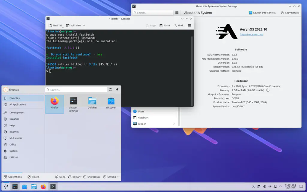 Рабочий стол AerynOS 2025.10 Plasma