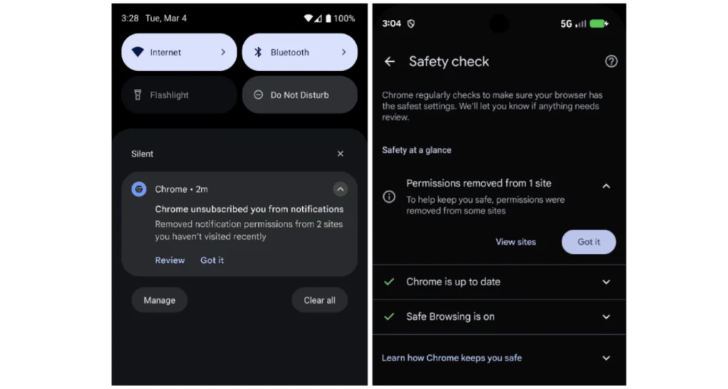Chrome отзывает разрешение на уведомления (Google)