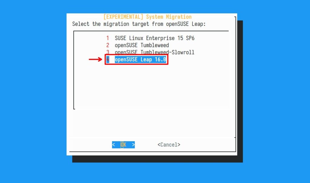 Выберите вариант обновления до Leap 16.