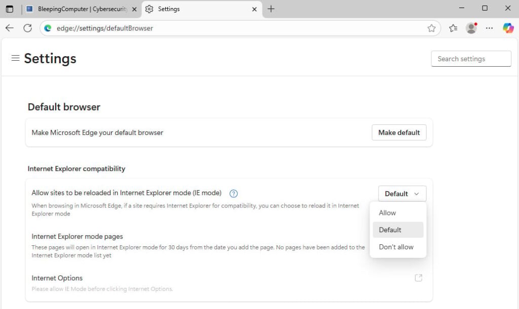 Настройка границ для режима IE