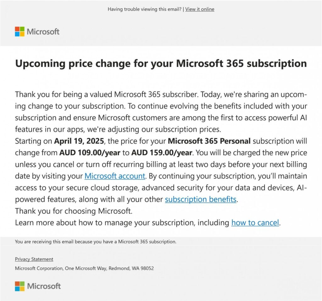 Письмо от Microsoft для существующих подписчиков