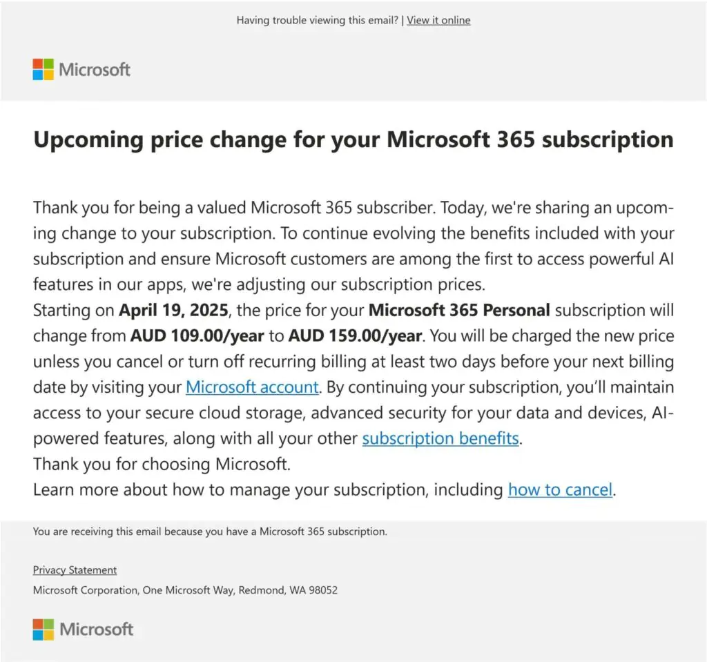Письмо от Microsoft для существующих подписчиков