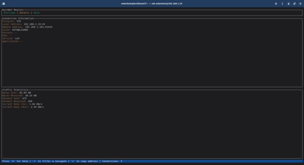 Просмотр сведений о сетевом подключении в RustNet TUI