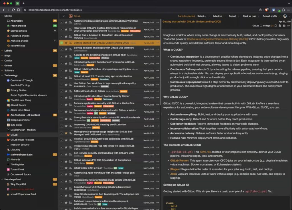 Tiny Tiny RSS — это самодельная программа для чтения RSS-каналов и агрегатор новостей с открытым исходным кодом.