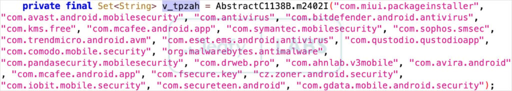 Зашифрованный список антивирусных продуктов, которые пытается отключить вредоносная программаИсточник: Cleafy Labs