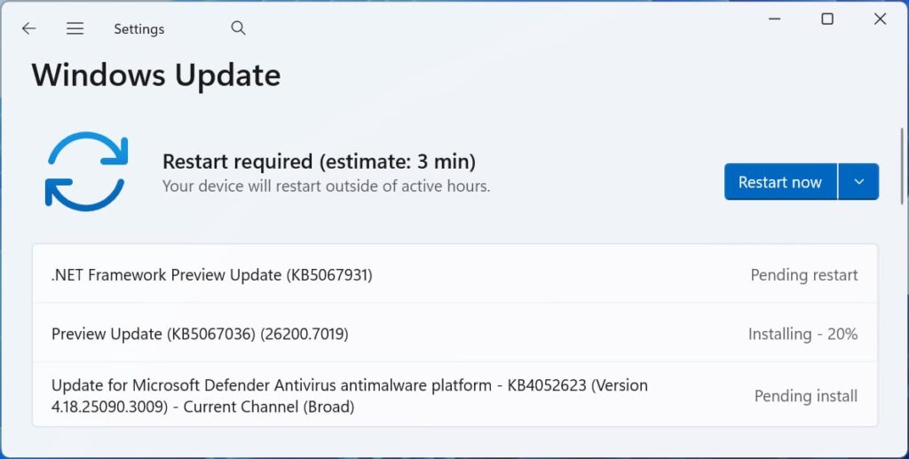 Предварительное обновление KB5067036