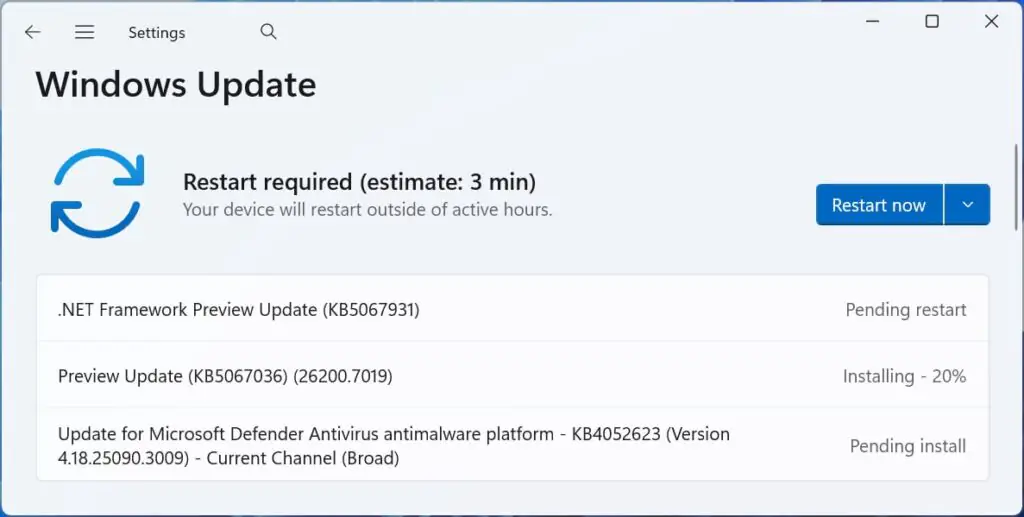 Предварительное обновление KB5067036