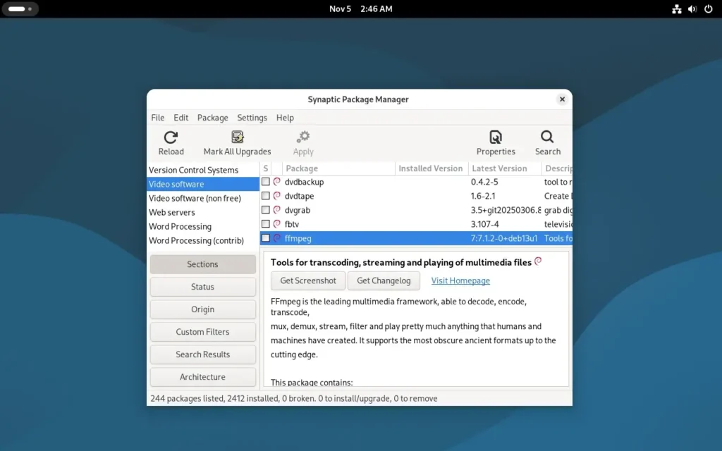 Просмотр информации о пакете через Synaptic