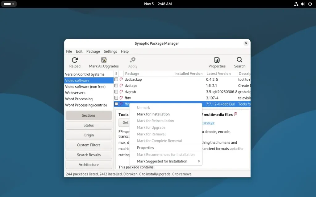 Установка пакетов С помощью Synaptic