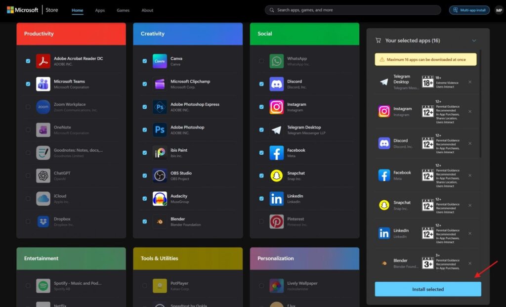 Страница установки нескольких приложений