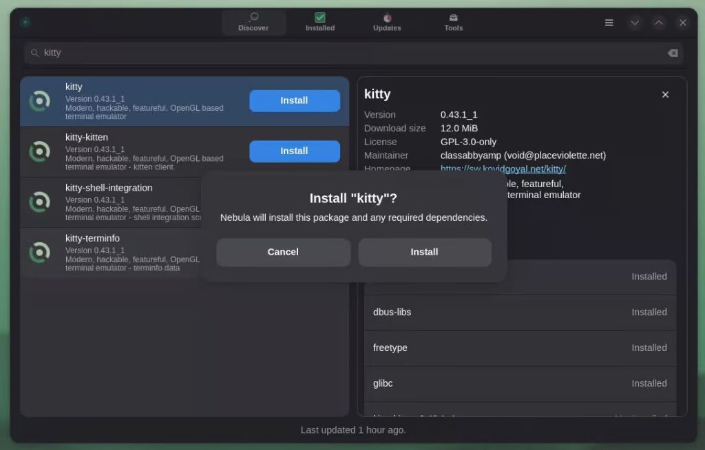 Установка пакета в Void Linux с помощью интерфейса Nebula XBPS.