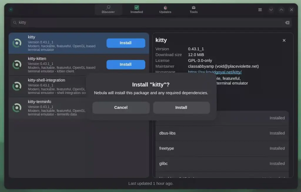 Установка пакета в Void Linux с помощью интерфейса Nebula XBPS.